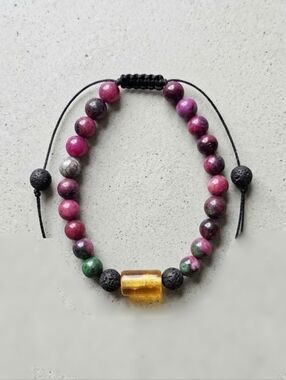 Beaded Bracelet with Stone And Lava Beads Pink, Green & Black Accents